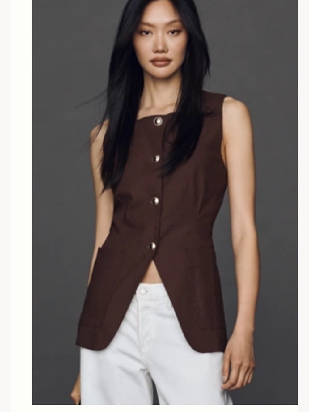 Maeve Sleeveless Brown Button-Front Vest Top
